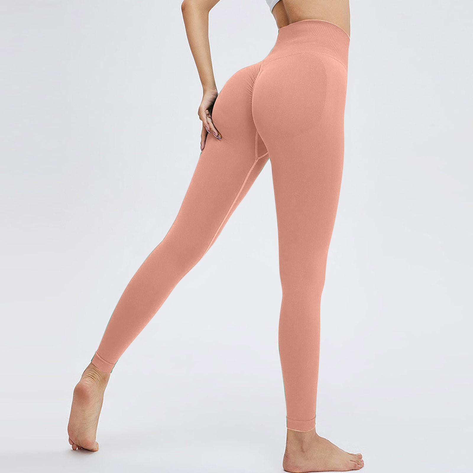 thumbnail image 2 of Pantalones de yoga sin costuras para mujer, color melocotón, de nylon y spandex, de cintura alta, para fitness, running, yoga y uso diario, 2 of 5